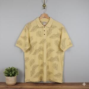 Fieldgear Mens Polo Shirt Size Large Yellow Leaf Print Ribbed Knit Basic